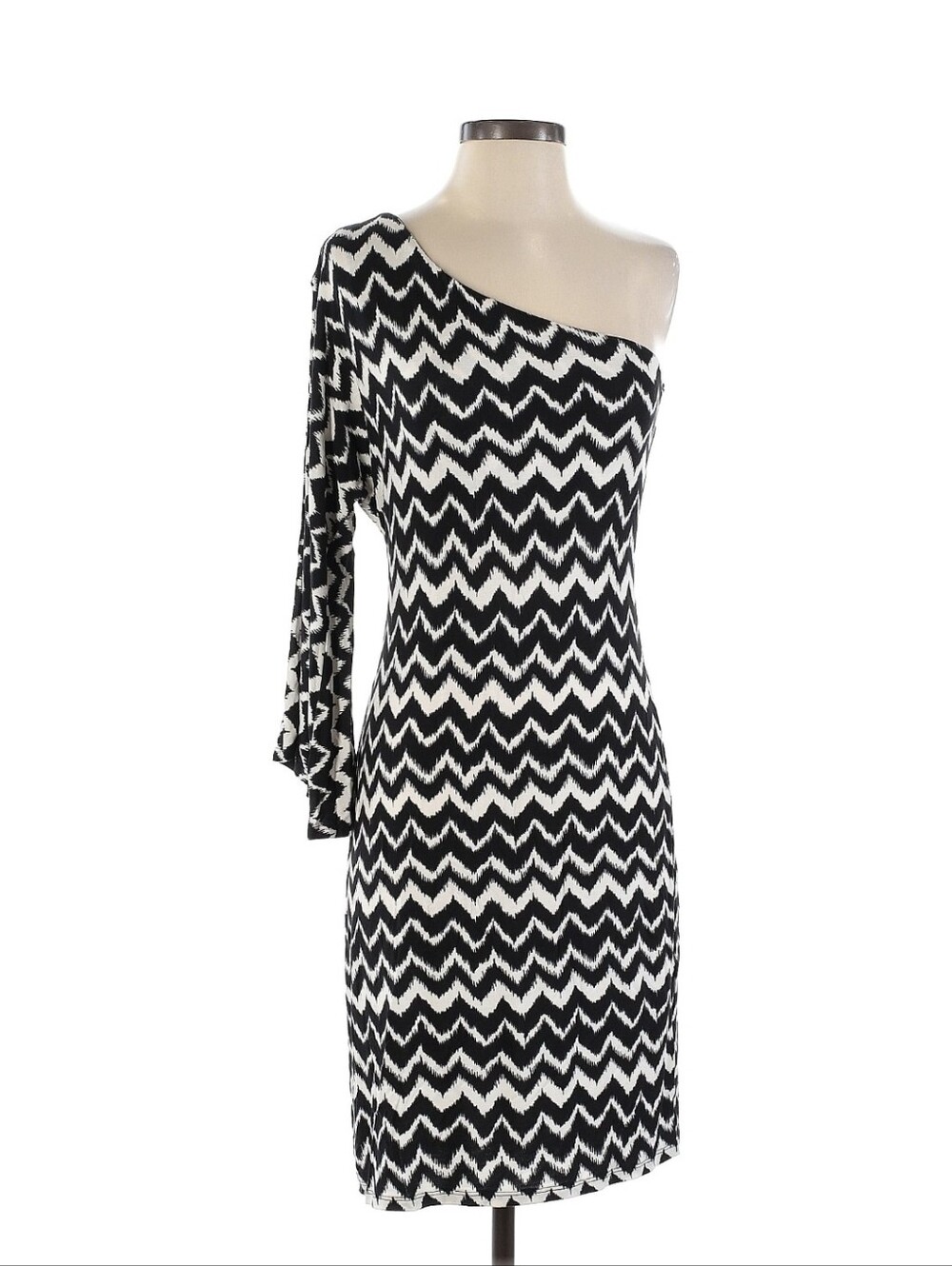 INC Black and White Zigzag One-Shoulder Dress